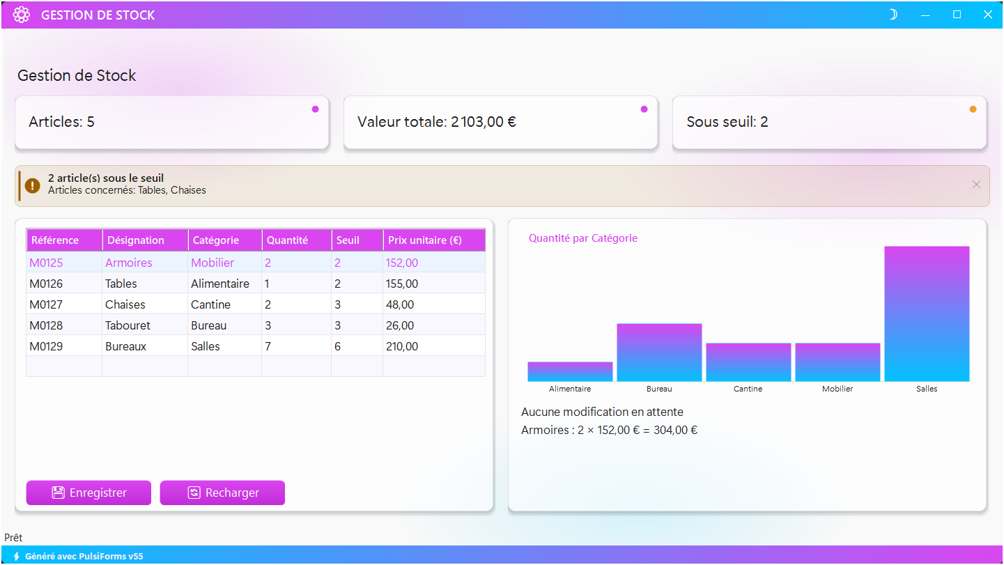 Application Gestion de stock générée avec PulsiForms, en thème clair