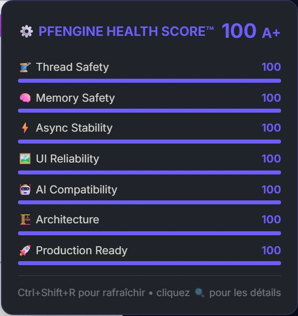 Le score de santé PF-Engine dans le Studio : 100, note A+, avec sept axes à 100 — sûreté des threads, de la mémoire, stabilité asynchrone, fiabilité de l'interface, compatibilité IA, architecture et prêt pour la production.